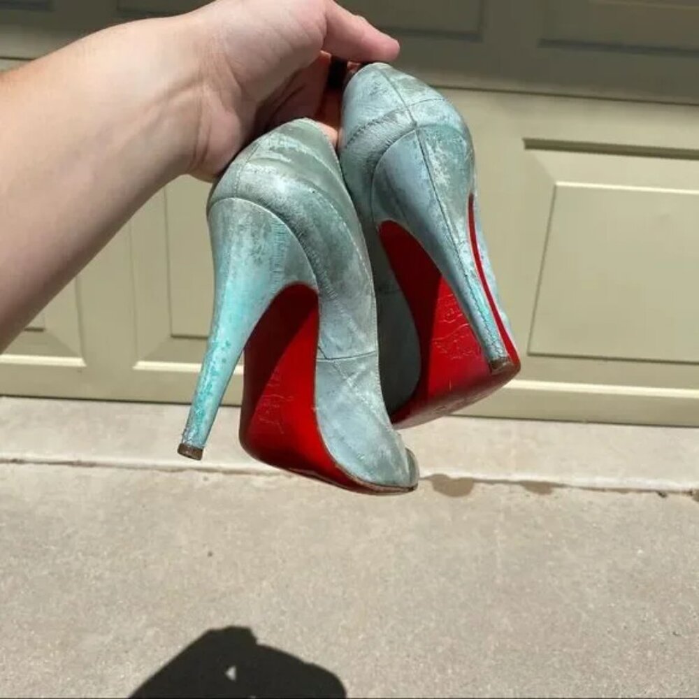 Christian Louboutin Tiffany Blue/Green Leather Pumps  (Red Bottoms)